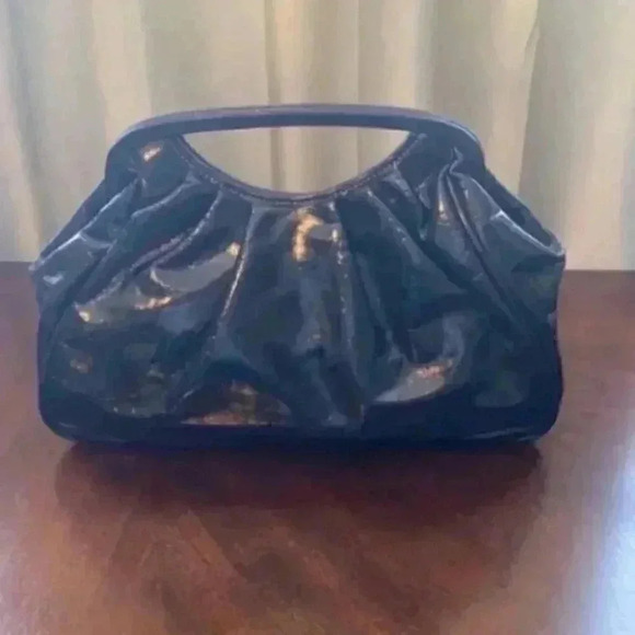 Vintage Black Patent Clutch Handbag Faux Leather Top Handle Bag Purse - Picture 3 of 12